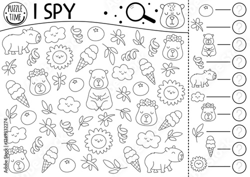 Capybara I spy game for kids. Searching and counting activity with cute relaxing animals on holiday. Capibara black and white summer printable worksheet, coloring page. Simple spotting puzzle