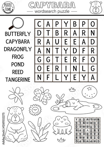 Vector capybara wordsearch puzzle for kids. Black and white word search quiz. Educational line activity with butterfly, tangerine, reeds, frog, dragonfly. Capibara cross word coloring page with animal