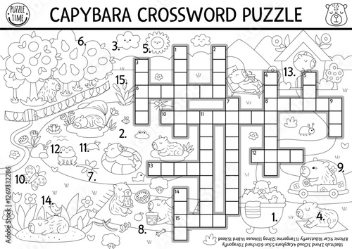 Vector capybara crossword puzzle for kids. Black and white quiz with summer nature landscape for children. Educational line activity with butterfly, garden. Capibara cross word, coloring page