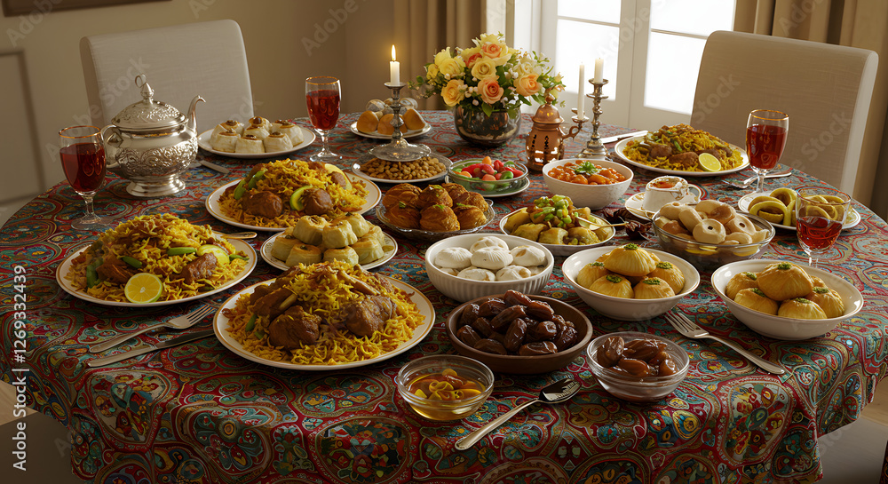Fototapeta premium A beautifully decorated Eid table with traditional food and sweets