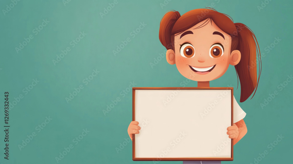 Happy girl holding blank sign, teal background, advertisement Happy girl holding blank sign, teal background, advertisement