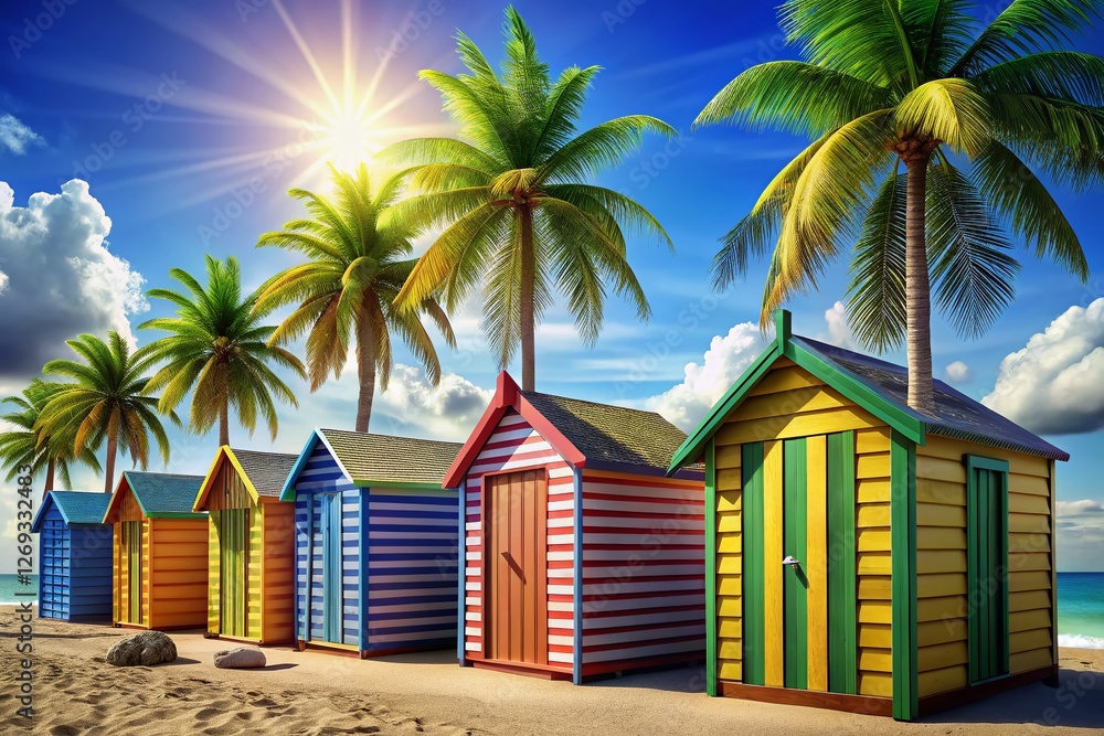 Fototapeta premium Vibrant Summer Beach Huts: Colorful Striped Bungalows, Palm Trees, Sunny Seascape