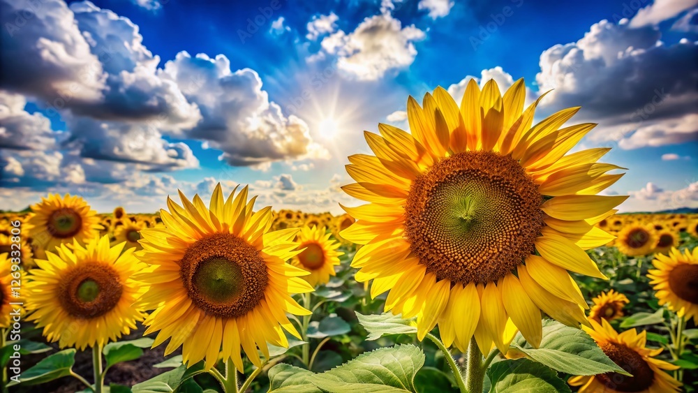 Fototapeta premium Vibrant Sunflowers Blooming Under a Blue Sky with Fluffy Clouds - Stunning Summer Stock Photo