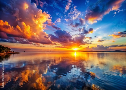 Vibrant Sunset over Calm Bay: Stunning Coastal Landscape Photography