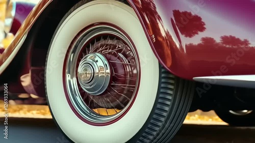 Wallpaper Mural Close-up of a Classic Car's Wheel, Red Body and Whitewall Tires Torontodigital.ca