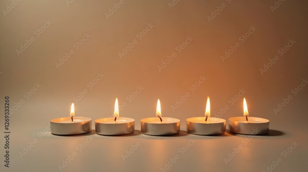 Serene Illumination Five Small Candles Burning Brightly in a Row Against a Soft Background Serene Illumination Five Small Candles Burning Brightly in a Row Against a Soft Background
