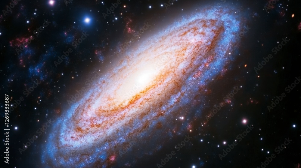 Fototapeta premium Vibrant Swirling Galaxy with Bright Center Core Shimmers Across Vast Starry Space