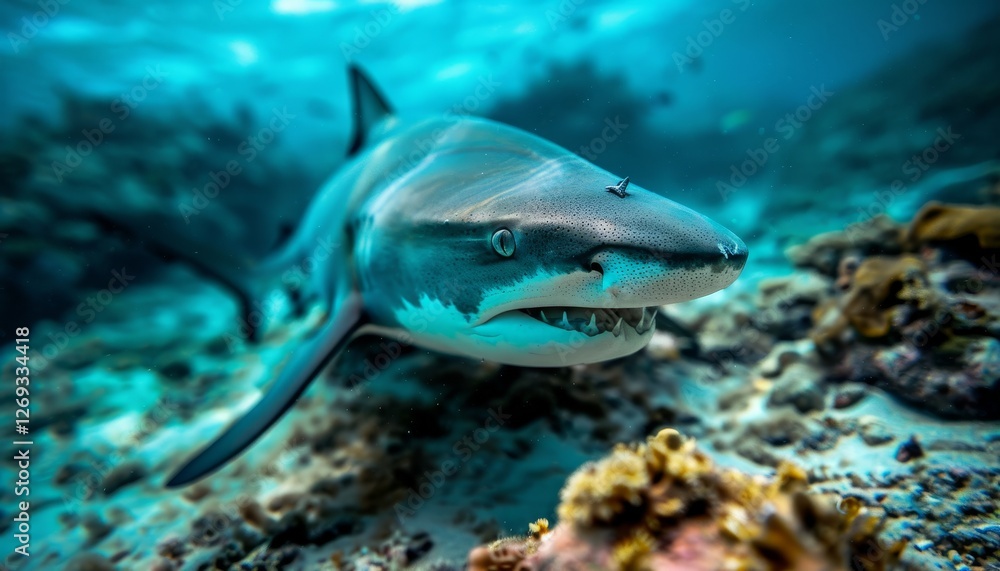 Fototapeta premium A close-up of a shark swimming underwater among colorful coral, showcasing its sleek body and sharp features in a vibrant marine environment.