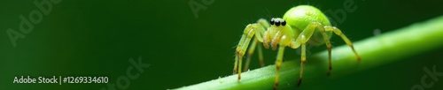 Closeup of a green spider's spinneret on a stem, spiders on stems, arachnid anatomy photo