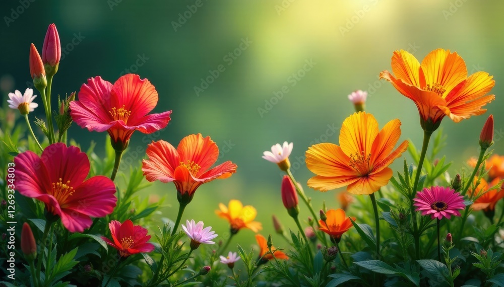 Crocosmia flowers blooming with other colorful flowers, plants, garden