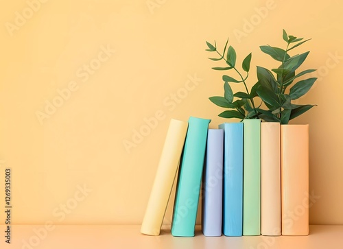 Cute, colorful books on a table, with clean, raw book cover art style on a beige background, leaving copy space for text