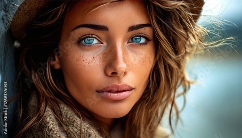 A close-up of a young woman with striking blue eyes and freckles, framed by tousled hair. Soft light enhances her natural beauty, creating a captivating and emotive portrait. photo