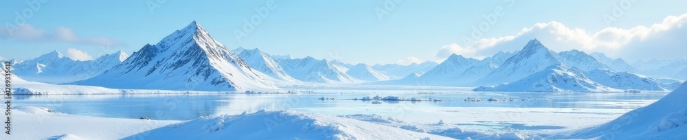 Obraz premium Frosty landscape with snow-capped mountains in the background, icy, snowy, blue