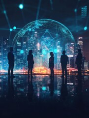Silhouettes of business people standing in front of a glowing globe and a city skyline, representing global connectivity and digital transformation.