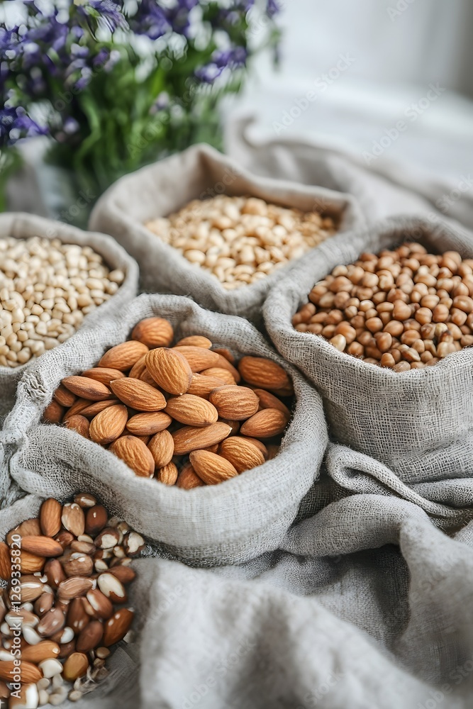 Fototapeta premium Assortment of Organic Nuts and Whole Grains in Eco-friendly Packaging on Linen Cloth for