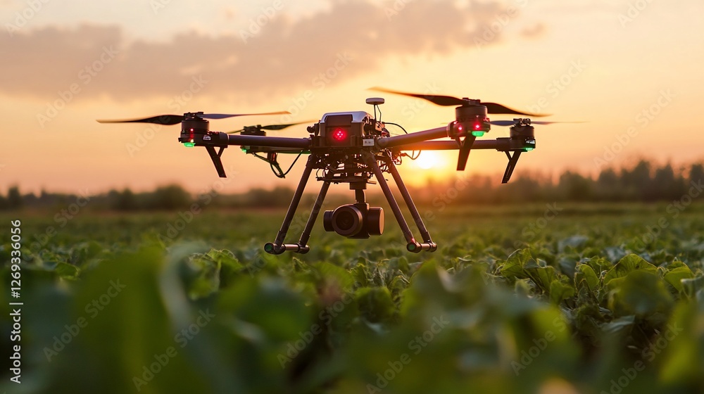 Drone flying over field at sunset using precision agricultural technology Drone flying over field at sunset using precision agricultural technology