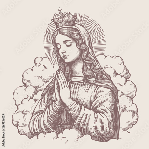 Vector illustration of Virgin Mary praying in clouds. Features a vintage, engraved style.  Perfect for religious themes and illustrations.