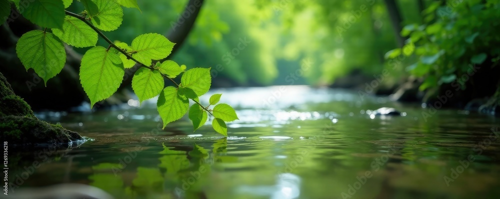 Leafy branches submerged in shallow river water, forest, aquatic, rivers Leafy branches submerged in shallow river water, forest, aquatic, rivers
