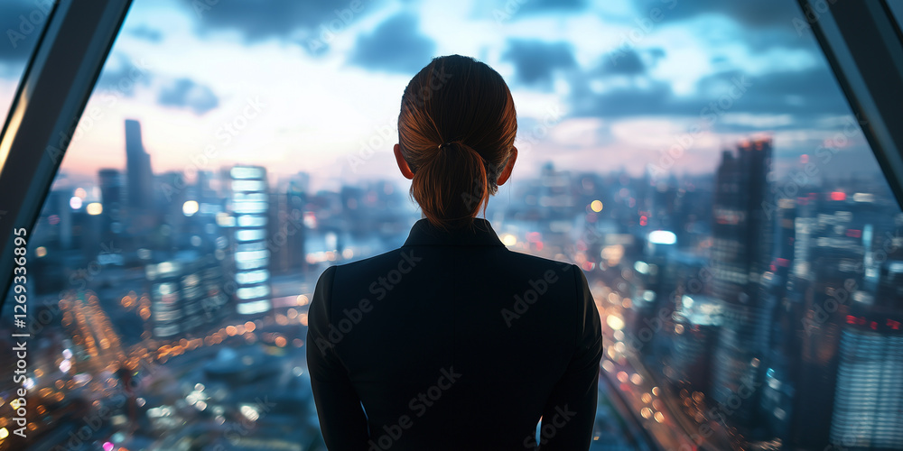 businesswoman gazes out of high rise window at cityscape during sunset businesswoman gazes out of high rise window at cityscape during sunset