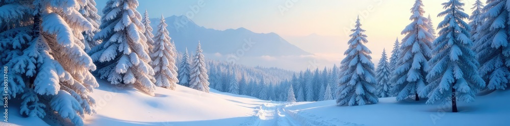 Fototapeta premium Snowy forest on Volosyanaya mountain with frosty air, cold, winter