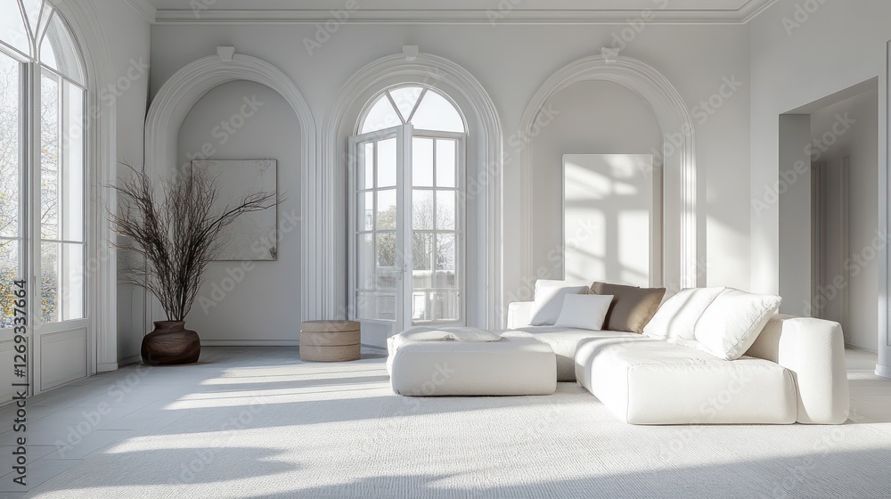 Fototapeta premium Sunlit white living room, arched windows, minimalist decor, autumnal view