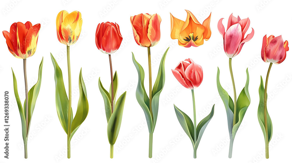 Colorful tulip flowers paint collection. Set of spring and summer flowers painting isolated on white background Colorful tulip flowers paint collection. Set of spring and summer flowers painting isolated on white background