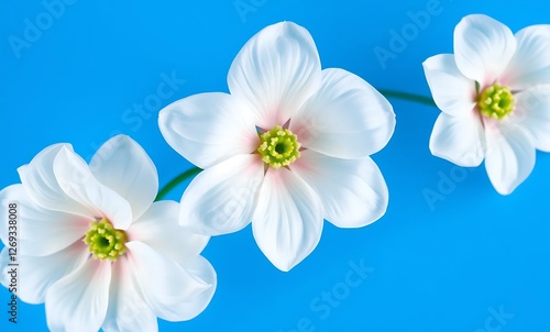 White wild roses bloom against a vibrant blue, a study in chromatic harmony and delicate gradients.