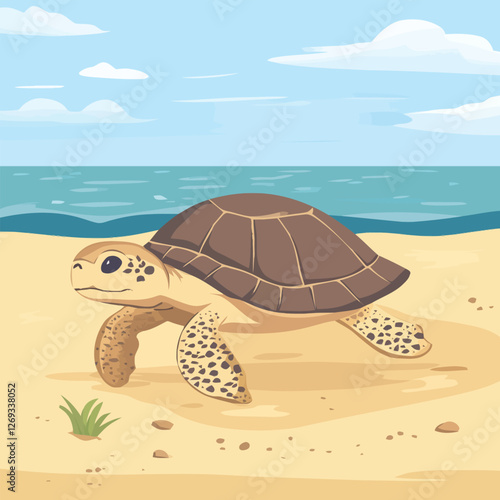 A serene 2D vector of a turtle walking along a sandy beach.