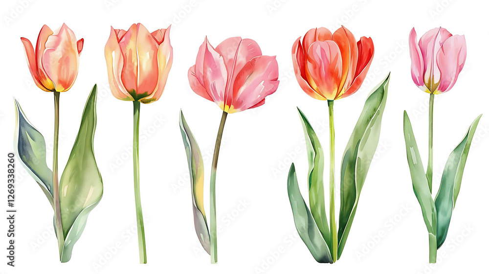 Red tulip flowers paint collection. Set of spring and summer flowers painting isolated on white background Red tulip flowers paint collection. Set of spring and summer flowers painting isolated on white background