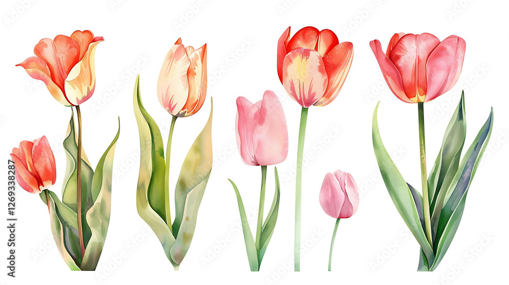 Red tulip flowers paint collection. Set of spring and summer flowers painting isolated on white background Red tulip flowers paint collection. Set of spring and summer flowers painting isolated on white background
