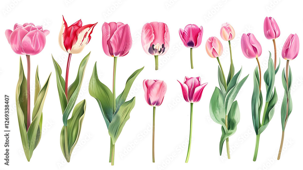 Obraz premium Pink tulip flowers paint collection. Set of spring and summer flowers painting isolated on white background