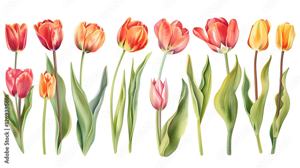 Red tulip flowers paint collection. Set of spring and summer flowers painting isolated on white background Red tulip flowers paint collection. Set of spring and summer flowers painting isolated on white background