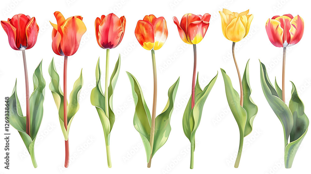 Red tulip flowers paint collection. Set of spring and summer flowers painting isolated on white background Red tulip flowers paint collection. Set of spring and summer flowers painting isolated on white background