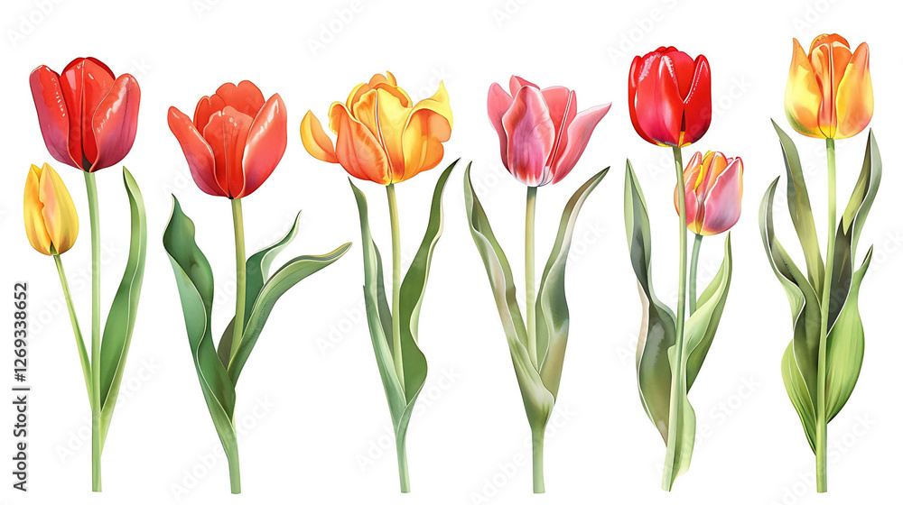 Red tulip flowers paint collection. Set of spring and summer flowers painting isolated on white background Red tulip flowers paint collection. Set of spring and summer flowers painting isolated on white background