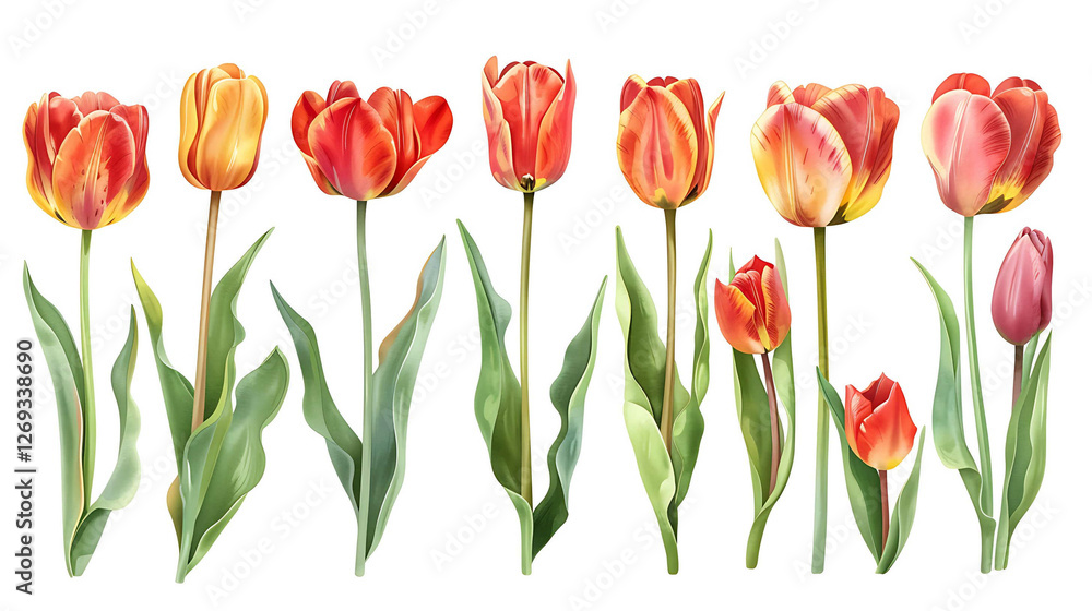 Red tulip flowers paint collection. Set of spring and summer flowers painting isolated on white background Red tulip flowers paint collection. Set of spring and summer flowers painting isolated on white background