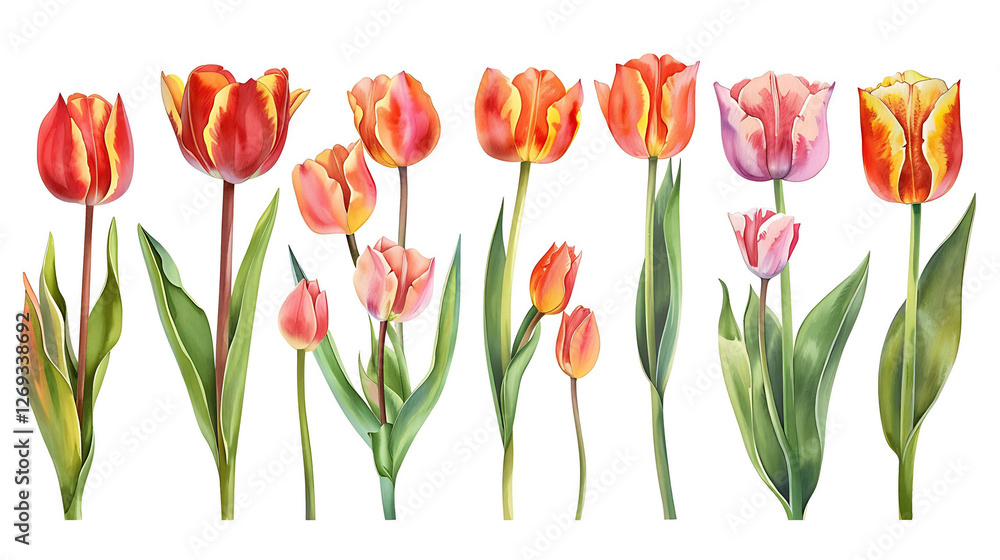 Colorful tulip flowers paint collection. Set of spring and summer flowers painting isolated on white background Colorful tulip flowers paint collection. Set of spring and summer flowers painting isolated on white background