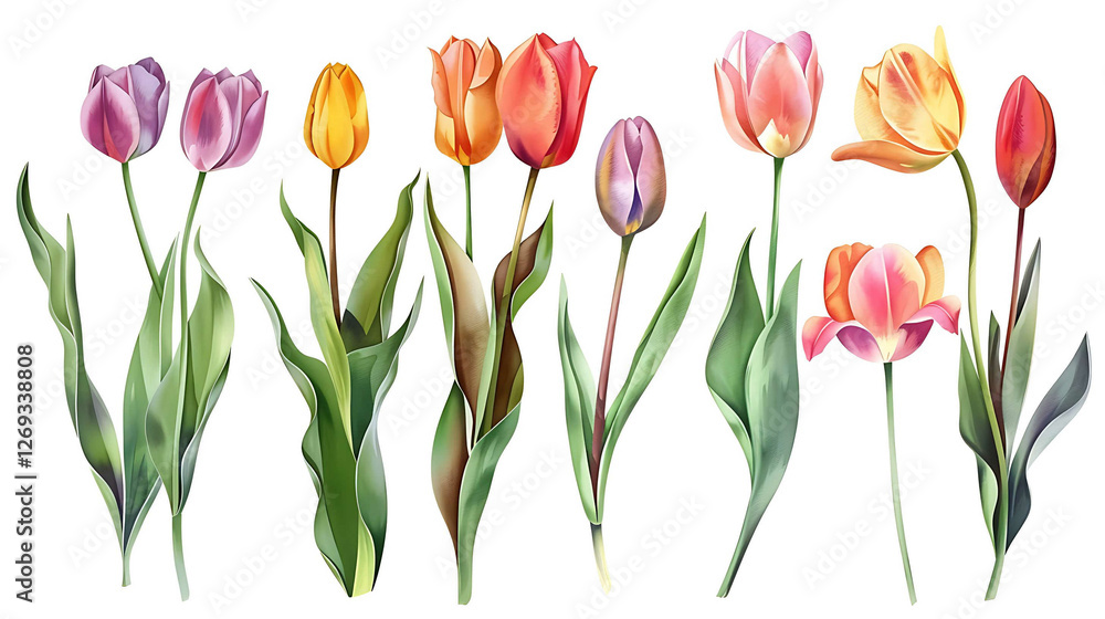 Colorful tulip flowers paint collection. Set of spring and summer flowers painting isolated on white background Colorful tulip flowers paint collection. Set of spring and summer flowers painting isolated on white background