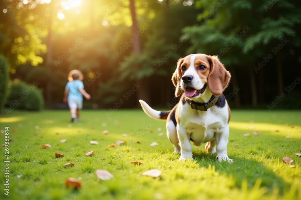 Cheerful beagle with children playing in a sunlit garden, creating joyful memories together. Concept highlights beagle with children enjoying the outdoors and making lasting bonds. Cheerful beagle with children playing in a sunlit garden, creating joyful memories together. Concept highlights beagle with children enjoying the outdoors and making lasting bonds.