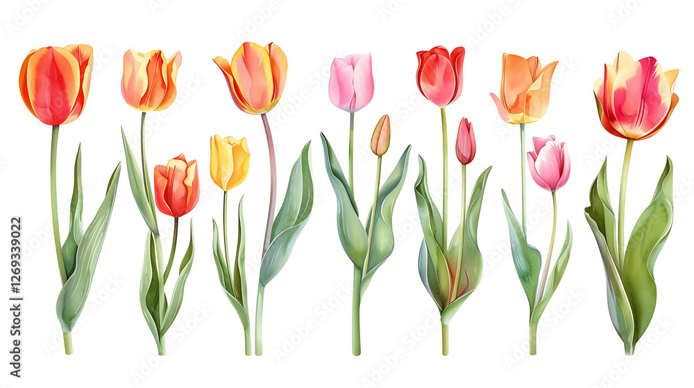 Red tulip flowers paint collection. Set of spring and summer flowers painting isolated on white background Red tulip flowers paint collection. Set of spring and summer flowers painting isolated on white background