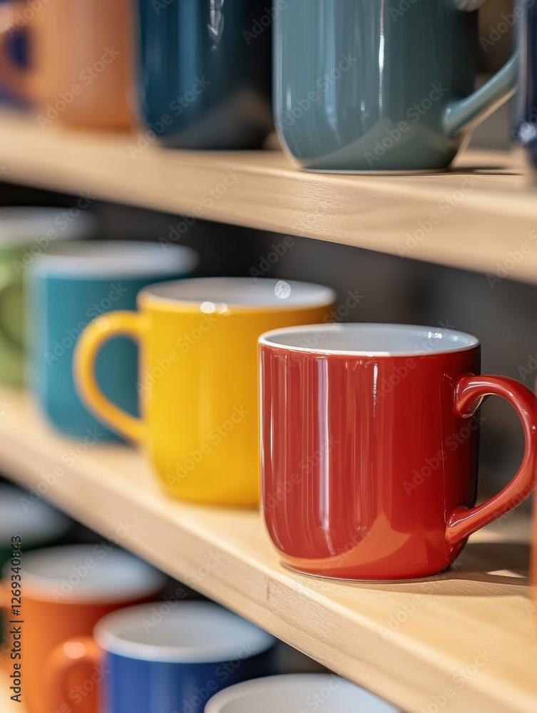 New cups or mugs on the store shelf. Selective focus with blurred background. New cups or mugs on the store shelf. Selective focus with blurred background.