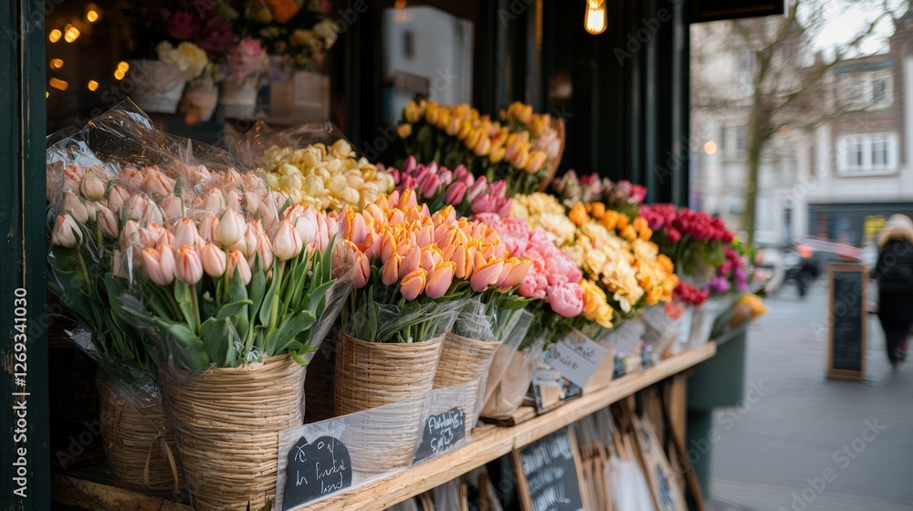 Fototapeta premium Colorful bouquets in a flower shop with bright spring flowers: tulips, daffodils, lilies, peonies and roses, ideal for celebrations and gifts. copy space