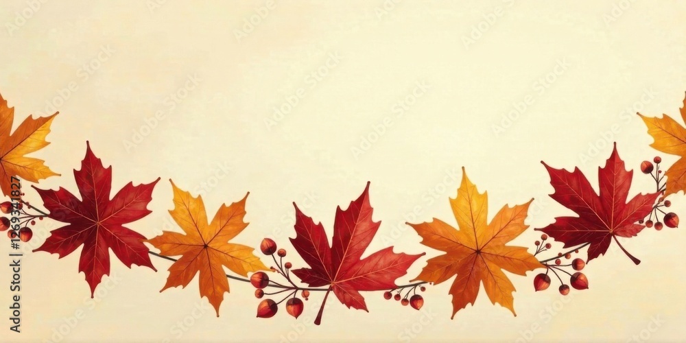 Autumnal foliage design with vibrant red and gold maple leaves and berry sprigs arranged in a graceful arc across a creamy background Autumnal foliage design with vibrant red and gold maple leaves and berry sprigs arranged in a graceful arc across a creamy background