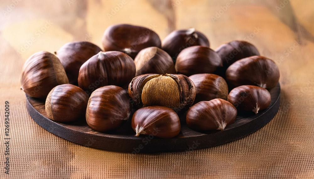 unpeeled roasted chestnuts close up on table unpeeled roasted chestnuts close up on table