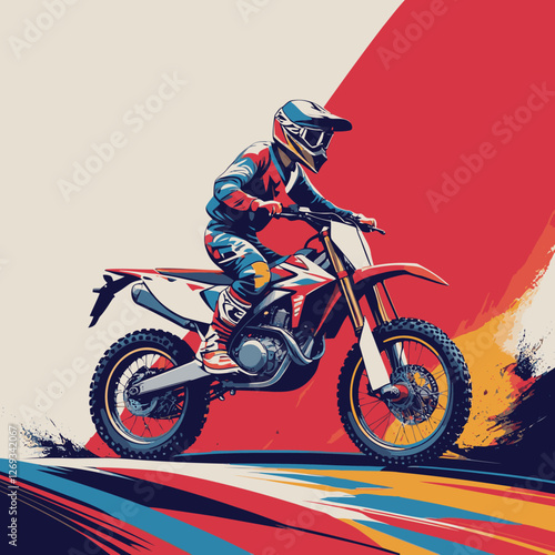 Vibrant complementary colors vector art motocross against a plain green background