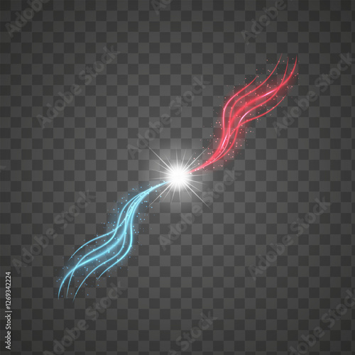 Blue and red lights collide, forming sparks of light on a transparent background.  Vector illustration