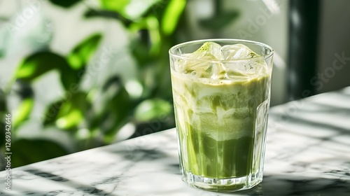 Refreshing Iced Matcha Latte in Transparent Glass on Marble Counter