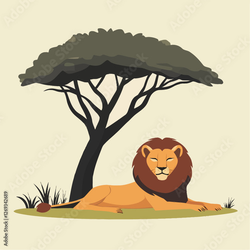 A majestic 2D vector of a lion resting under a tree in the savanna