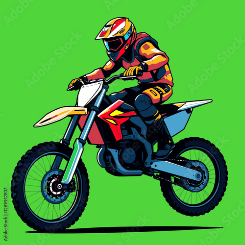 Vibrant complementary colors vector art motocross against a plain green background