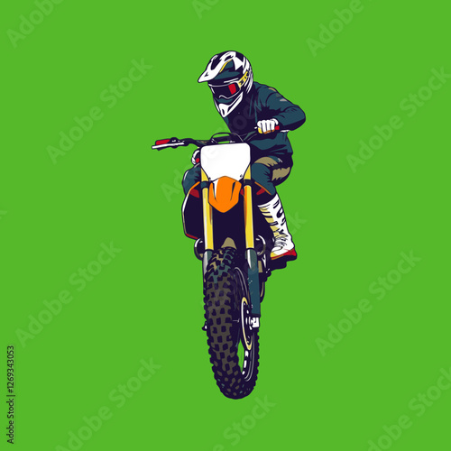 energetic style.eps, Vector art motocross illustration, warm autumn colors, earthy and cozy atmosphere, plain green background