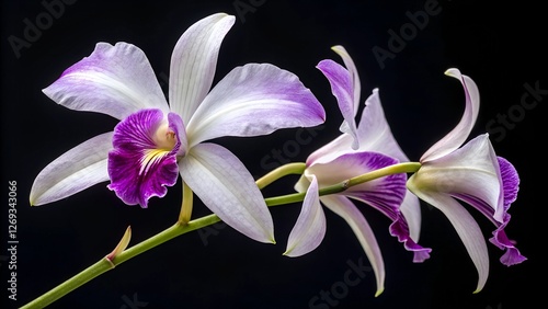 Elegant Laelia Orchid: Two exquisite Laelia orchids, with their delicate white petals and vibrant purple centers, elegantly curve against a dramatic black background.  